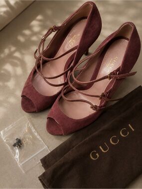 Gucci Wine Suede Peep-Toe Strappy Heels with Gold Buckles
